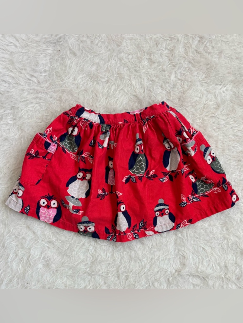 Mini Boden Girls Red Corduroy Circle Skirt with Pockets & Cozy Owl AOP